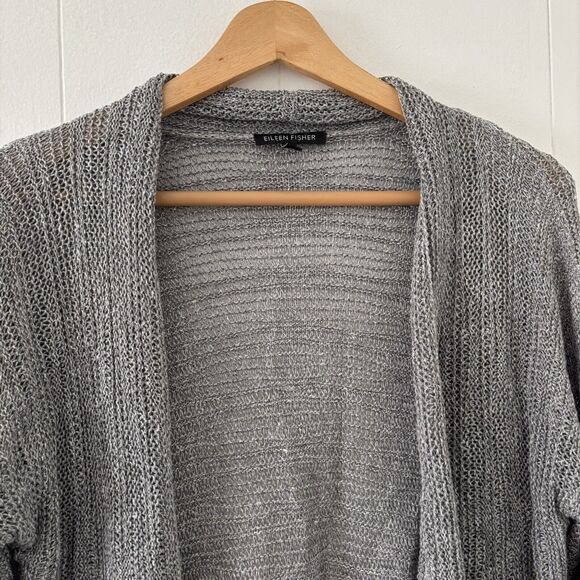 EILEEN FISHER Small Cardigan Sweater Gray Linen/Silk Open Front Neutral Minimal - Picture 4 of 11